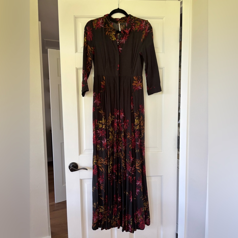 Free People Black Maxi Dress with Red & Olive Floral Print
